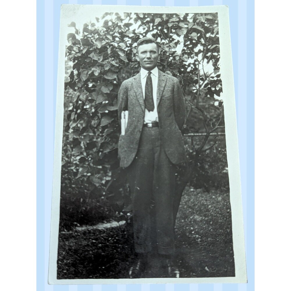 Vintage 1910's RPPC Postcard Studio Portrait Man in Suit Tie with Papers AZO